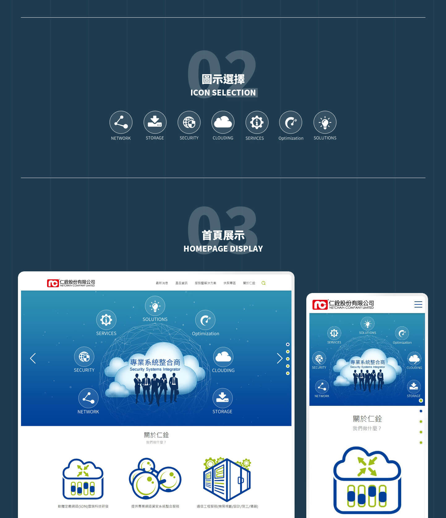網頁設計圖示選擇與首頁展示 基礎網絡和資訊安全和儲存方案和服務優化供應商 - NETCHAIN 仁銓 雲端網路系統安全整合服務公司 精選專案,網頁設計,RWD響應式網站,企業形象網站
