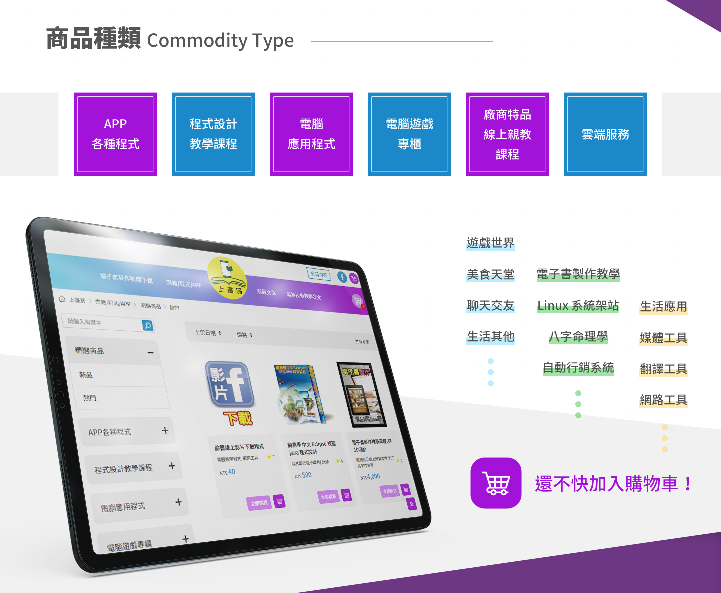 網頁設計商品種類介紹 - 上書房 線上課程電子書購物平台 網頁設計,RWD響應式網站