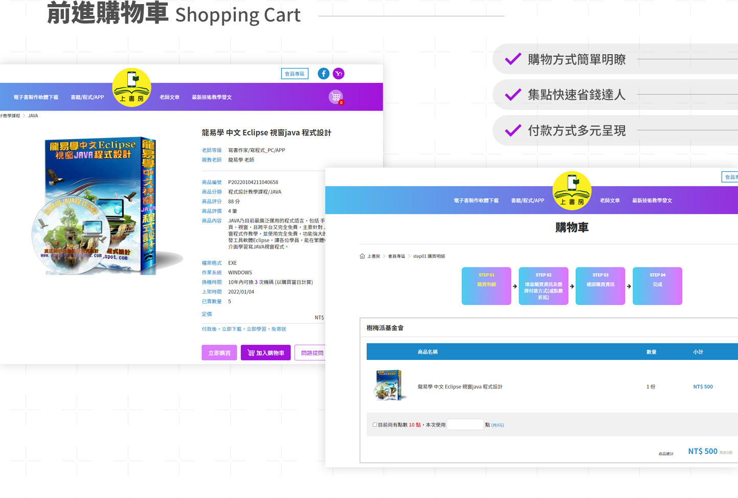 網頁設計購物車流程介紹 - 上書房 線上課程電子書購物平台 網頁設計,RWD響應式網站