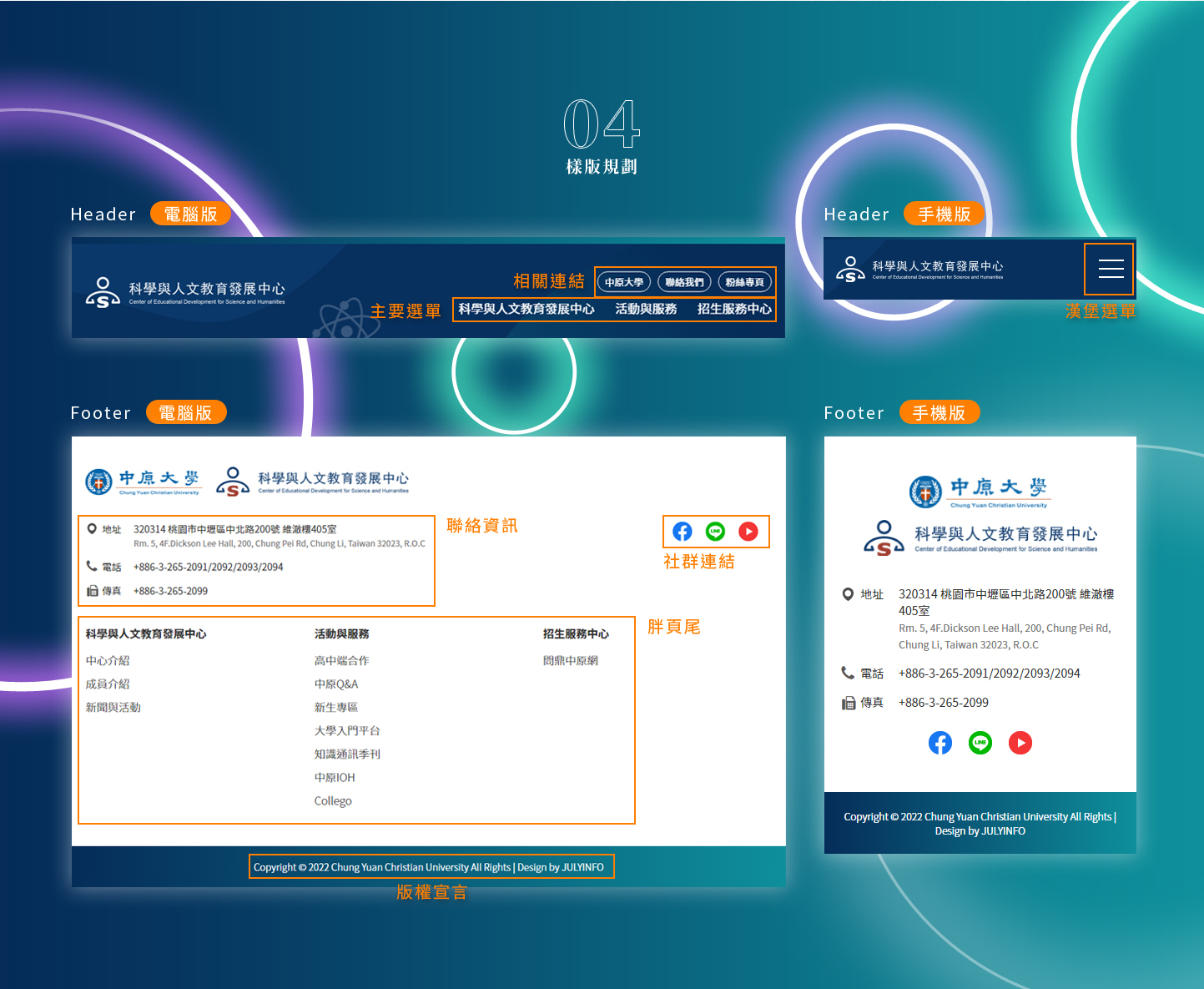 網頁設計樣板規劃 教學教育類桃園大學學校 - 中原大學科教中心 學校科學與人文教育發展平台 網頁設計,RWD響應式網站